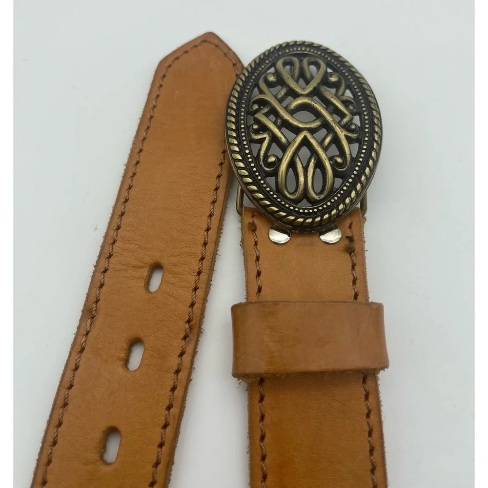Leather Belt Brass Buckle Western Style Scroll Design Boho Tan